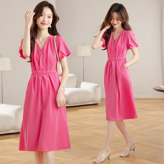 CM-DY038330 Women Casual Seoul Style V-Neck Short Sleeve Pinched Waist Long Dress - Pink