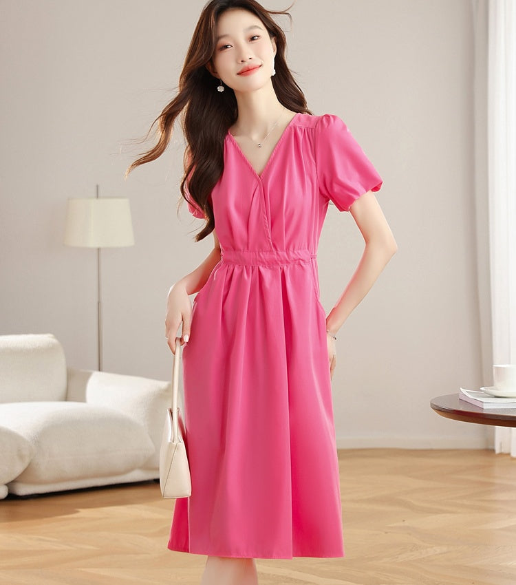 CM-DY038330 Women Casual Seoul Style V-Neck Short Sleeve Pinched Waist Long Dress - Pink