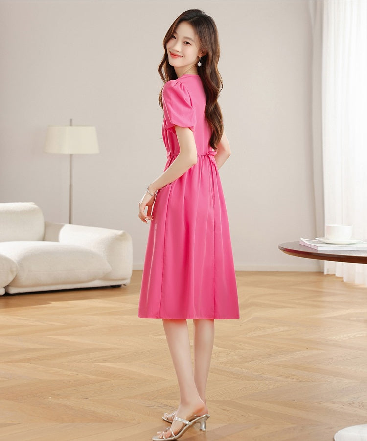 CM-DY038330 Women Casual Seoul Style V-Neck Short Sleeve Pinched Waist Long Dress - Pink