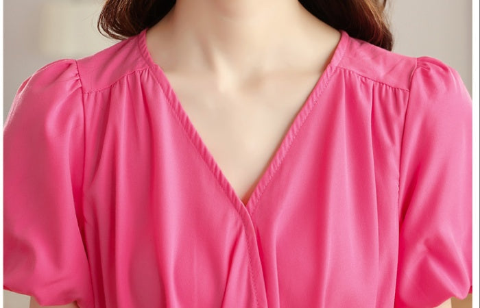 CM-DY038330 Women Casual Seoul Style V-Neck Short Sleeve Pinched Waist Long Dress - Pink