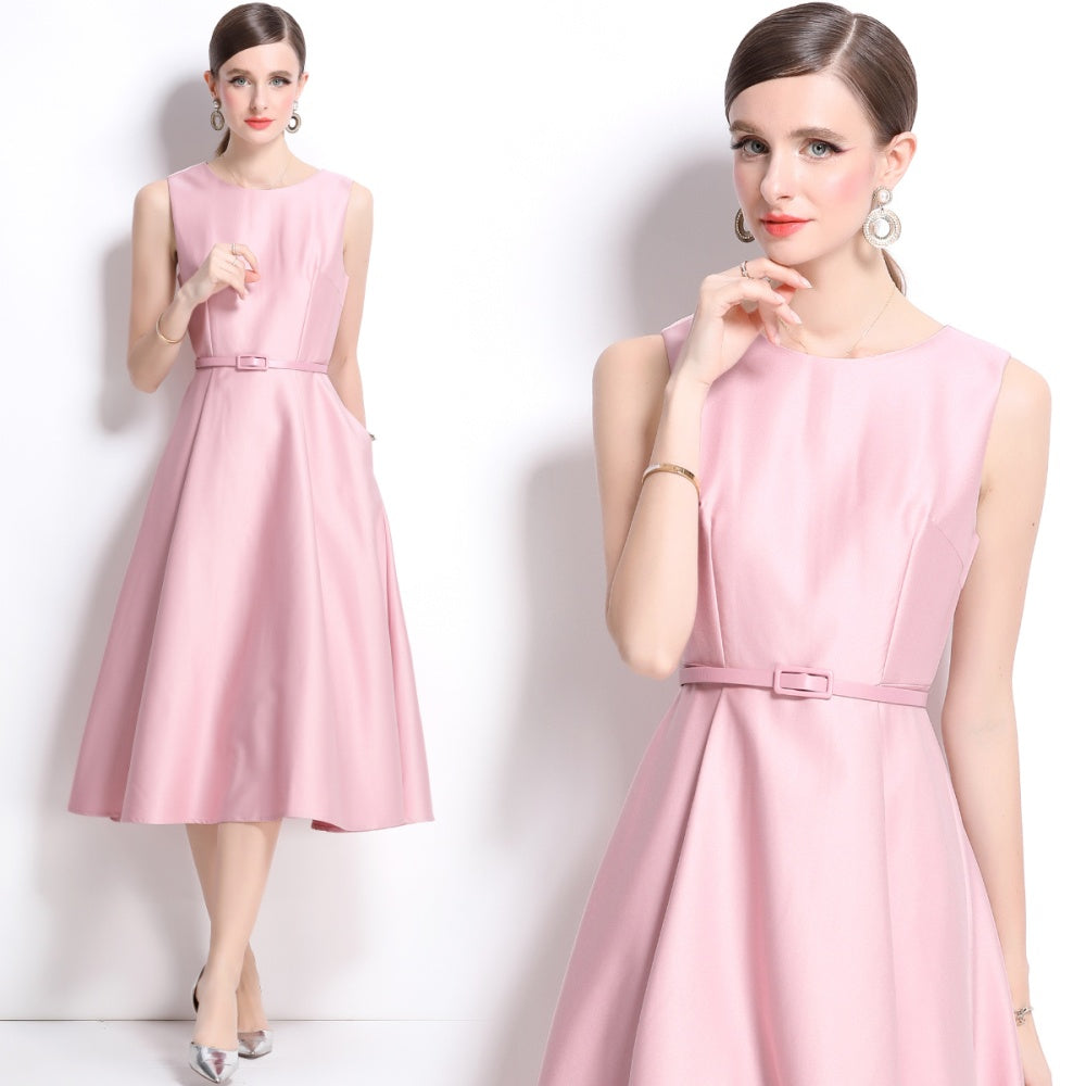 CM-DY038349 Women Elegant European Style Round Neck Sleeveless Pinched Waist Long Dress - Pink