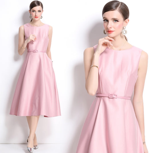 CM-DY038349 Women Elegant European Style Round Neck Sleeveless Pinched Waist Long Dress - Pink