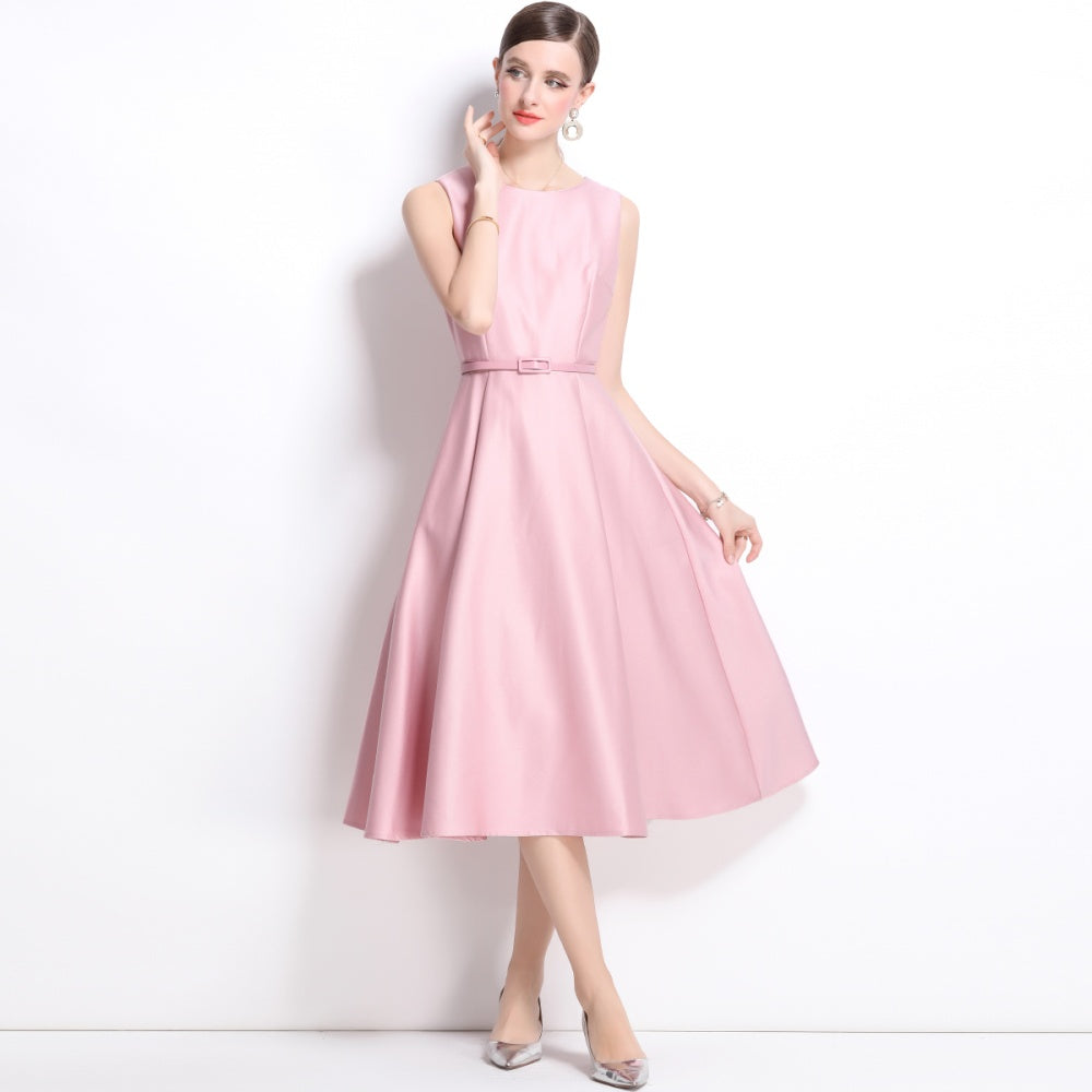 CM-DY038349 Women Elegant European Style Round Neck Sleeveless Pinched Waist Long Dress - Pink