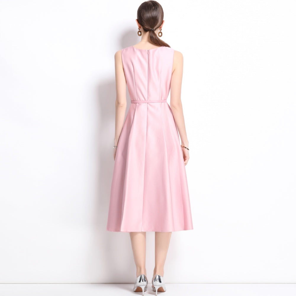 CM-DY038349 Women Elegant European Style Round Neck Sleeveless Pinched Waist Long Dress - Pink