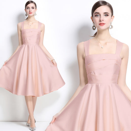 CM-DY038546 Women Elegant European Style Square Neck Sleeveless Pinched Waist Satin Midi Dress - Pink