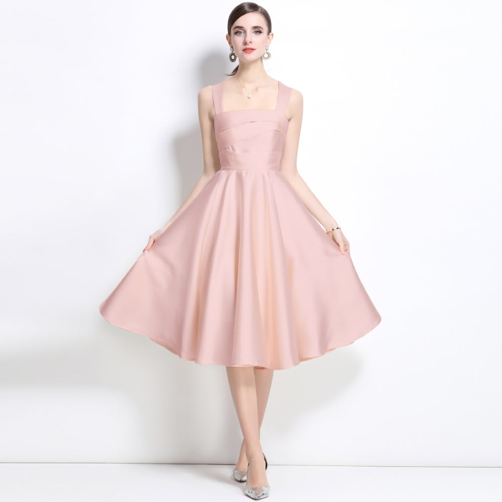 CM-DY038546 Women Elegant European Style Square Neck Sleeveless Pinched Waist Satin Midi Dress - Pink