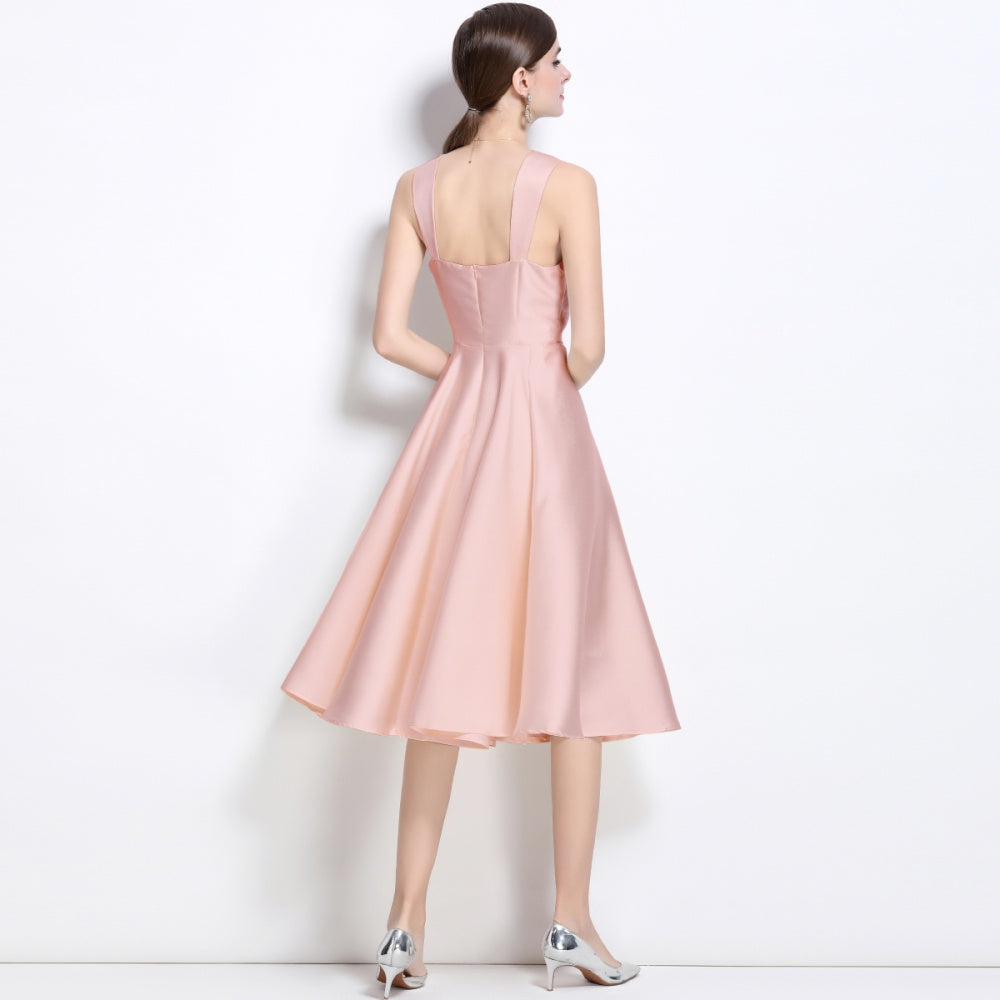 CM-DY038546 Women Elegant European Style Square Neck Sleeveless Pinched Waist Satin Midi Dress - Pink