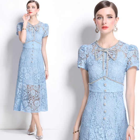 CM-DY038548 Women Elegant European Style Round Neck Short Sleeve Bow Decor Lace Midi Dress - Blue