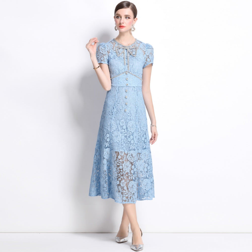 CM-DY038548 Women Elegant European Style Round Neck Short Sleeve Bow Decor Lace Midi Dress - Blue