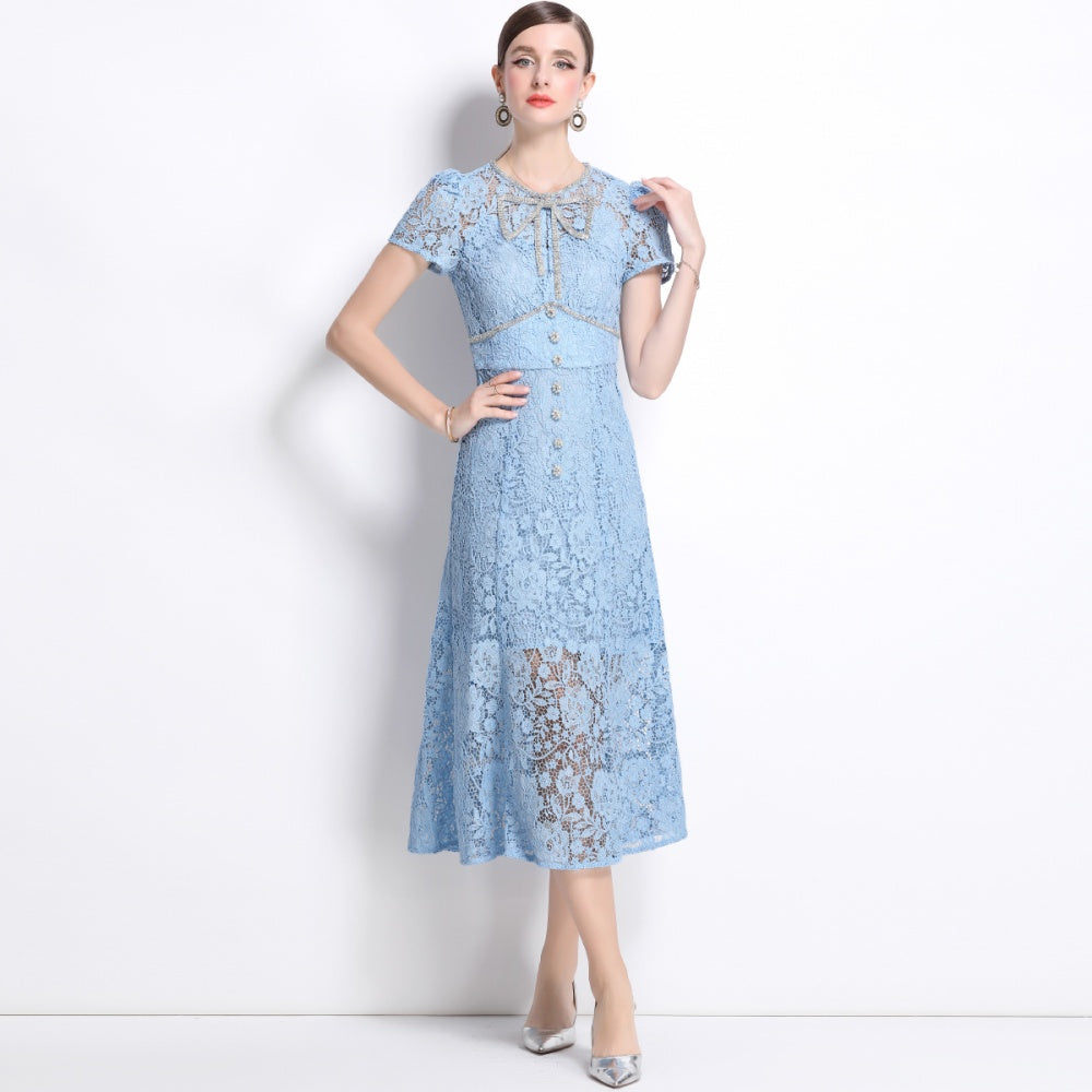 CM-DY038548 Women Elegant European Style Round Neck Short Sleeve Bow Decor Lace Midi Dress - Blue