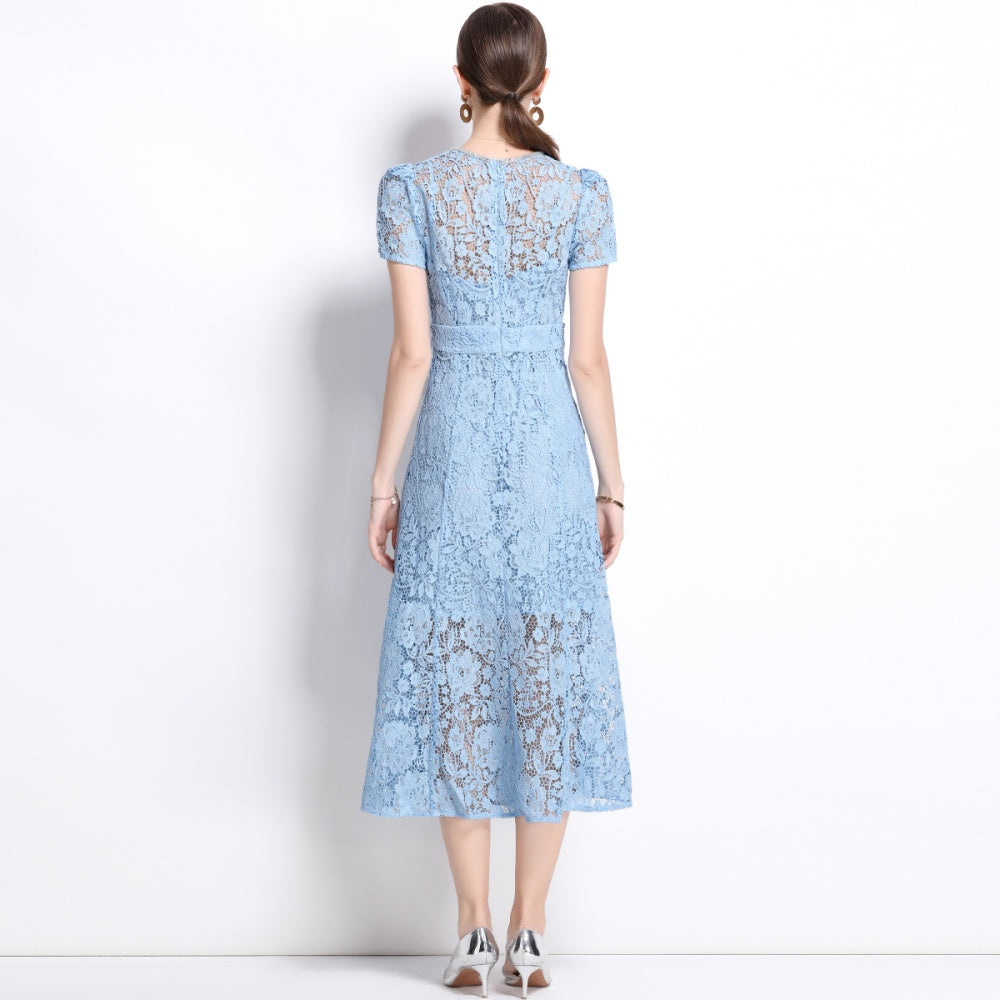 CM-DY038548 Women Elegant European Style Round Neck Short Sleeve Bow Decor Lace Midi Dress - Blue