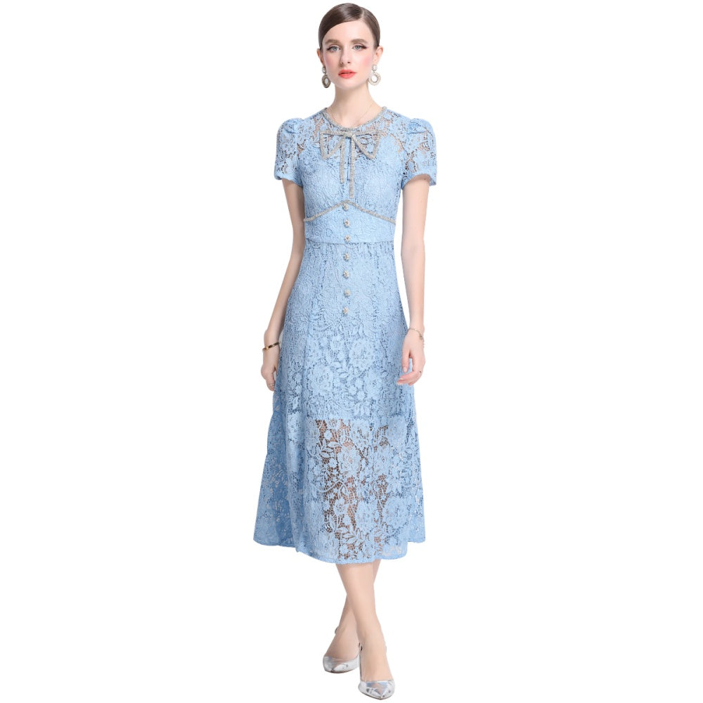 CM-DY038548 Women Elegant European Style Round Neck Short Sleeve Bow Decor Lace Midi Dress - Blue