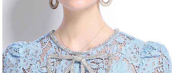 CM-DY038548 Women Elegant European Style Round Neck Short Sleeve Bow Decor Lace Midi Dress - Blue