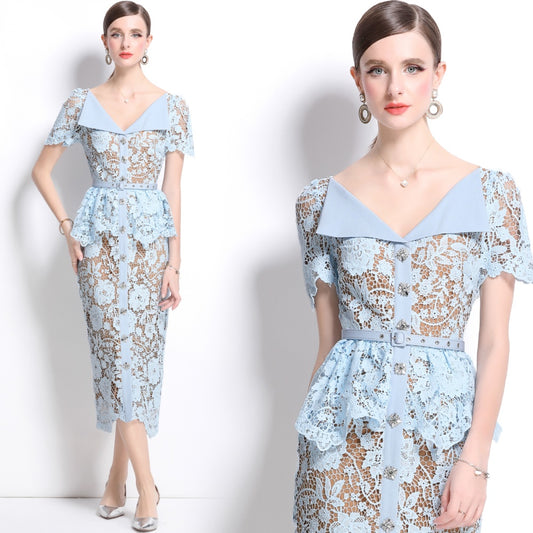 CM-DY038549 Women Elegant European Style V-Neck Short Sleeve Pinched Waist Midi Dress - Blue