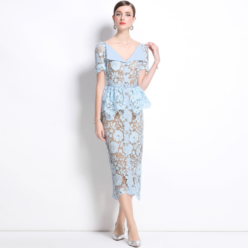 CM-DY038549 Women Elegant European Style V-Neck Short Sleeve Pinched Waist Midi Dress - Blue