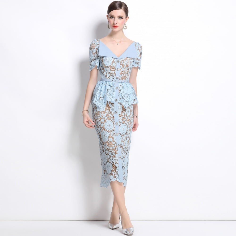CM-DY038549 Women Elegant European Style V-Neck Short Sleeve Pinched Waist Midi Dress - Blue