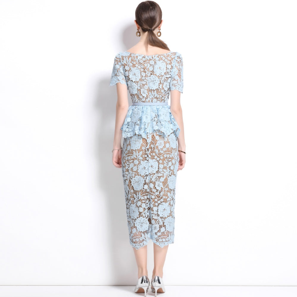 CM-DY038549 Women Elegant European Style V-Neck Short Sleeve Pinched Waist Midi Dress - Blue