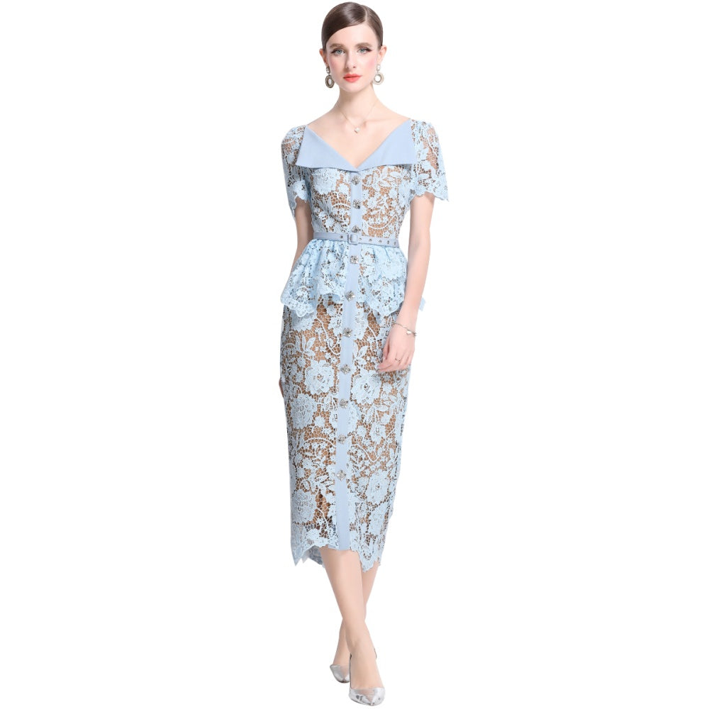 CM-DY038549 Women Elegant European Style V-Neck Short Sleeve Pinched Waist Midi Dress - Blue