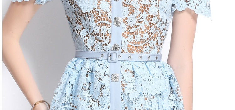 CM-DY038549 Women Elegant European Style V-Neck Short Sleeve Pinched Waist Midi Dress - Blue