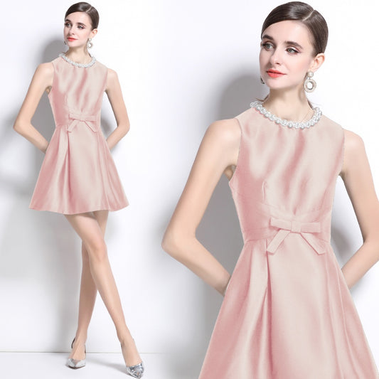 CM-DY038550 Women Elegant European Style Round NeckSleeveless Pinched Waist Slim Mini Dress - Pink