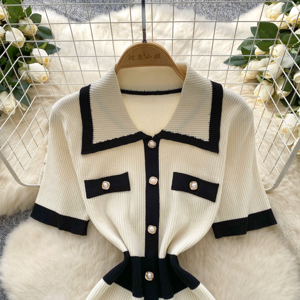 CM-DY038883 Women Casual Seoul Style Lapel Neckline Short Sleeve Midi Dress (Available in 2 colors)