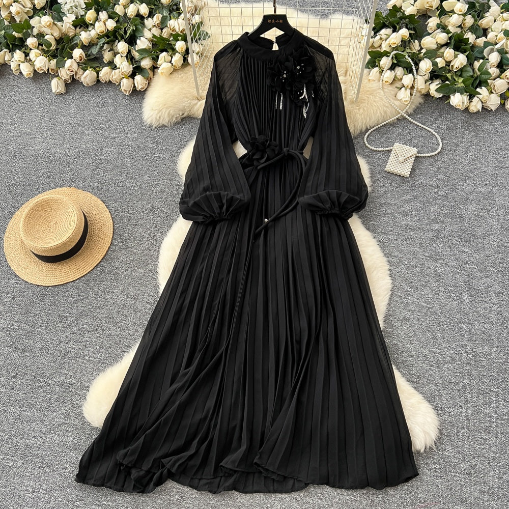 CM-DY038888 Women Elegant European Style Round Neck Long Sleeve Pleated Mid-Length Dress (Available in 6 colors)