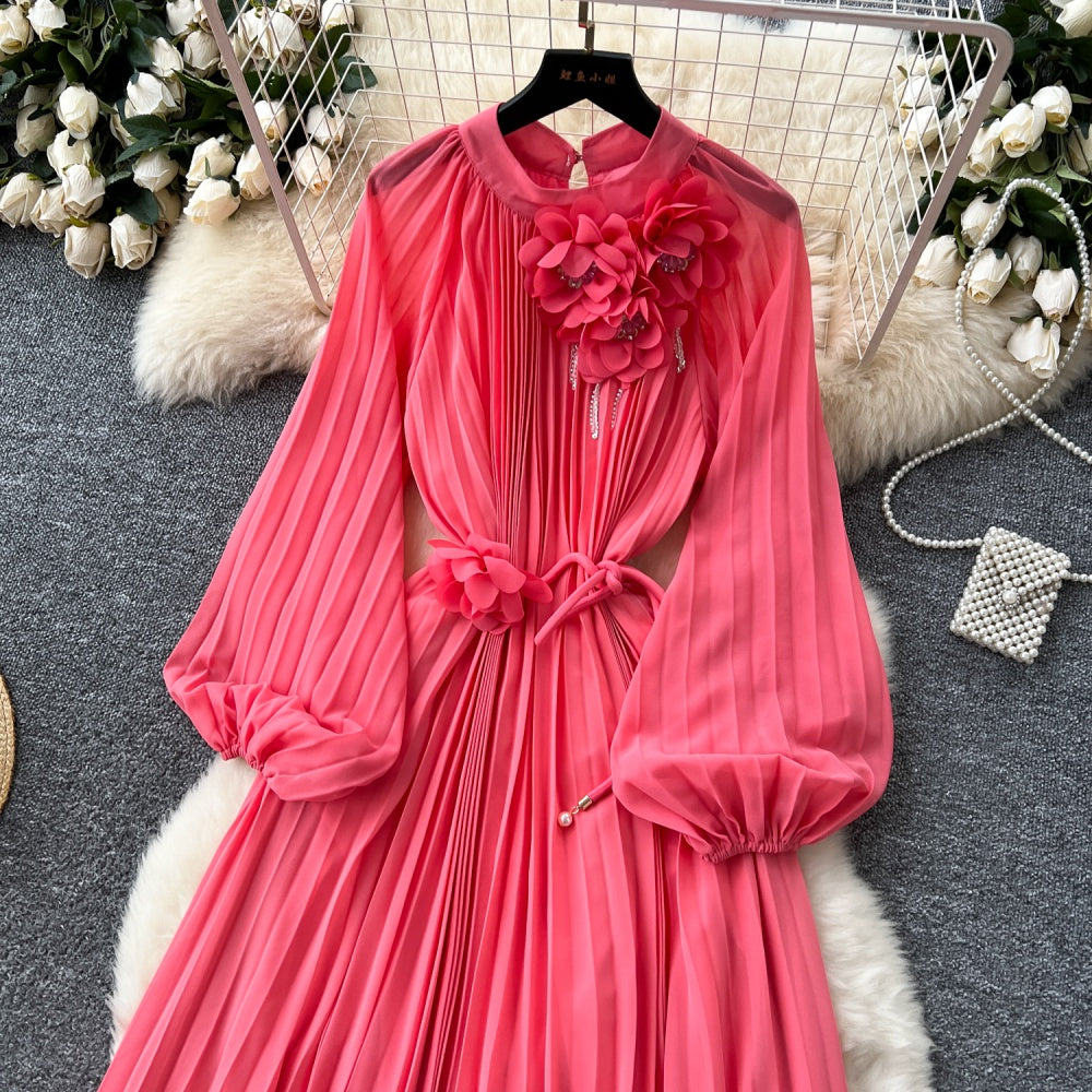 CM-DY038888 Women Elegant European Style Round Neck Long Sleeve Pleated Mid-Length Dress (Available in 6 colors)