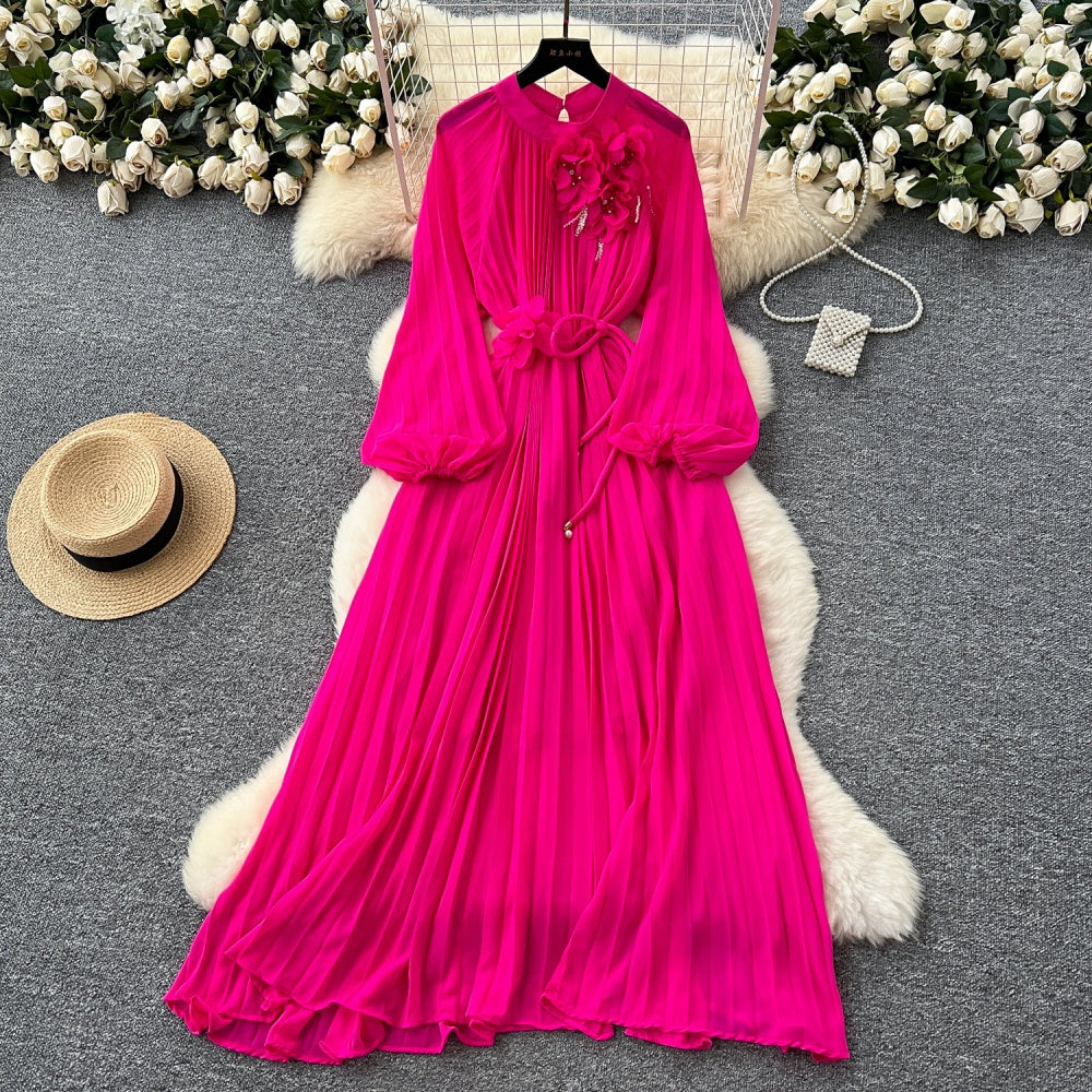 CM-DY038888 Women Elegant European Style Round Neck Long Sleeve Pleated Mid-Length Dress (Available in 6 colors)