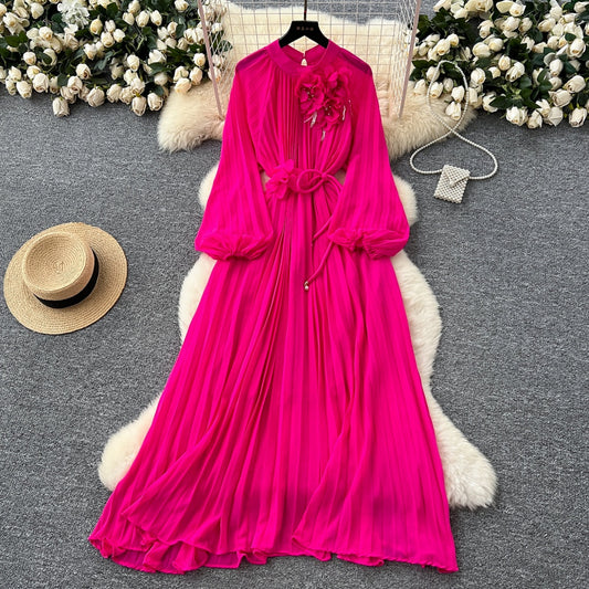 CM-DY038888 Women Elegant European Style Round Neck Long Sleeve Pleated Mid-Length Dress (Available in 6 colors)