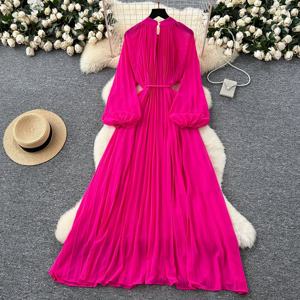 CM-DY038888 Women Elegant European Style Round Neck Long Sleeve Pleated Mid-Length Dress (Available in 6 colors)