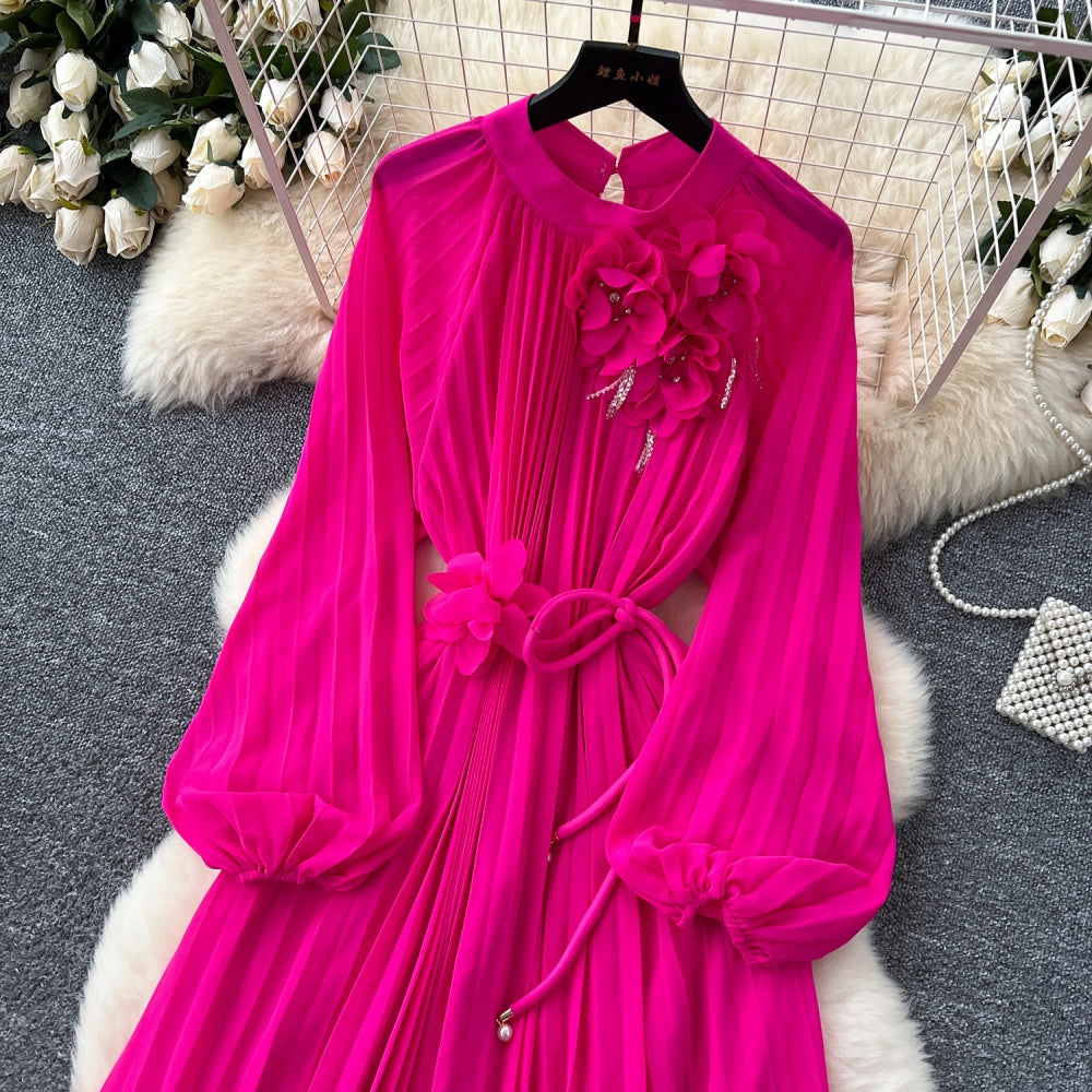 CM-DY038888 Women Elegant European Style Round Neck Long Sleeve Pleated Mid-Length Dress (Available in 6 colors)