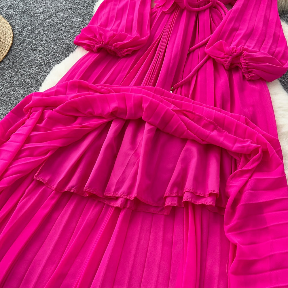 CM-DY038888 Women Elegant European Style Round Neck Long Sleeve Pleated Mid-Length Dress (Available in 6 colors)
