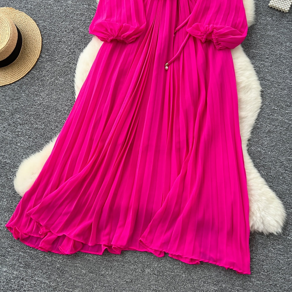 CM-DY038888 Women Elegant European Style Round Neck Long Sleeve Pleated Mid-Length Dress (Available in 6 colors)
