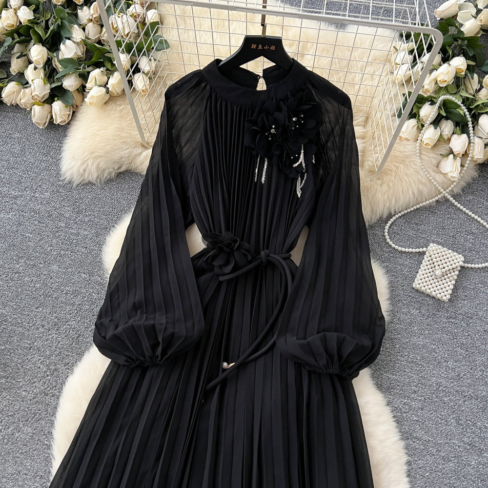 CM-DY038888 Women Elegant European Style Round Neck Long Sleeve Pleated Mid-Length Dress (Available in 6 colors)