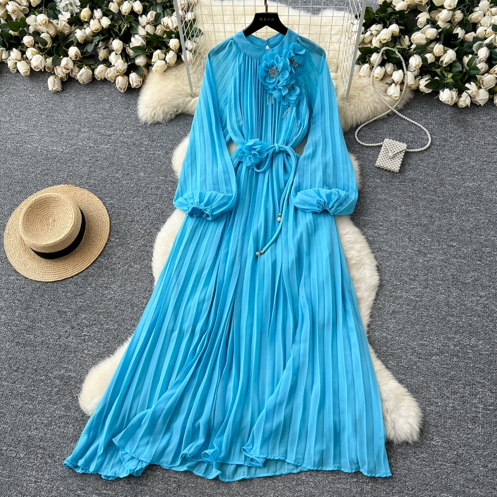 CM-DY038888 Women Elegant European Style Round Neck Long Sleeve Pleated Mid-Length Dress (Available in 6 colors)
