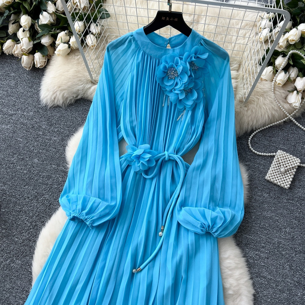 CM-DY038888 Women Elegant European Style Round Neck Long Sleeve Pleated Mid-Length Dress (Available in 6 colors)