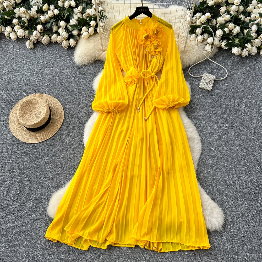 CM-DY038888 Women Elegant European Style Round Neck Long Sleeve Pleated Mid-Length Dress (Available in 6 colors)