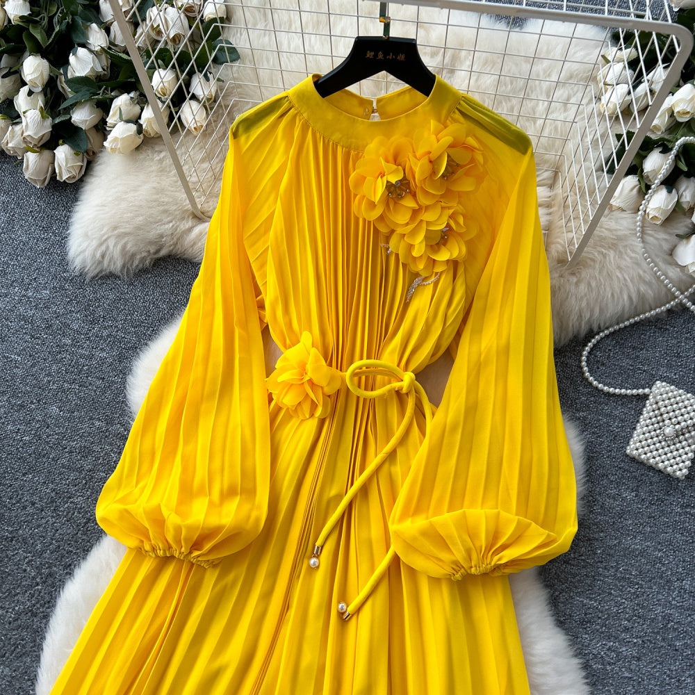 CM-DY038888 Women Elegant European Style Round Neck Long Sleeve Pleated Mid-Length Dress (Available in 6 colors)