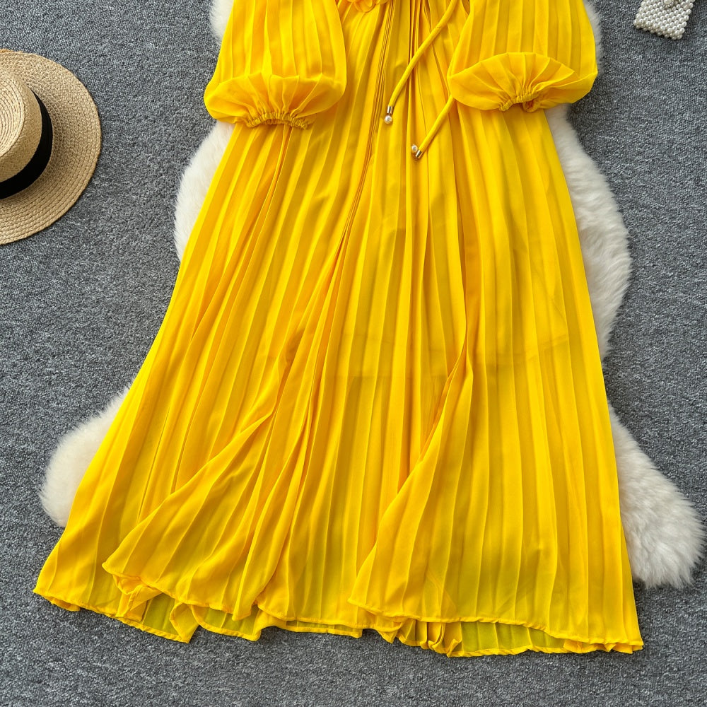 CM-DY038888 Women Elegant European Style Round Neck Long Sleeve Pleated Mid-Length Dress (Available in 6 colors)