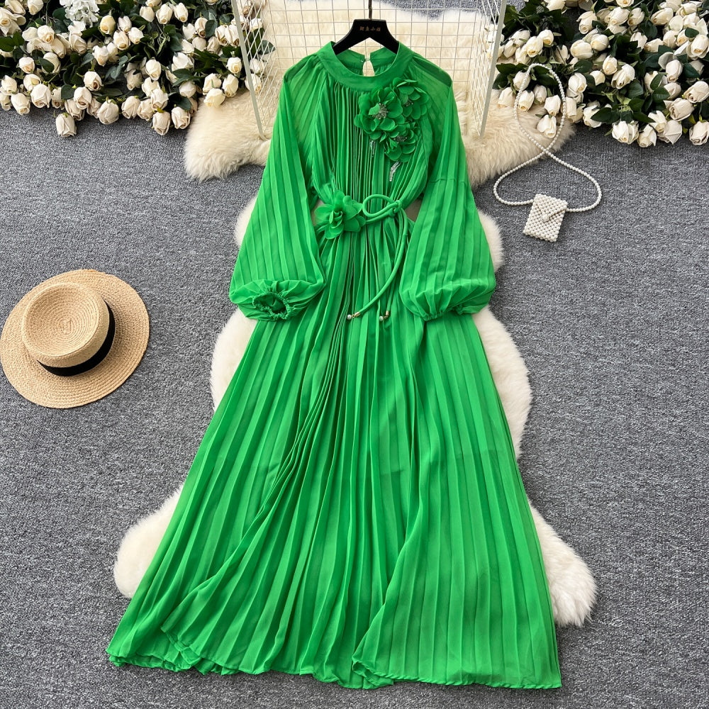 CM-DY038888 Women Elegant European Style Round Neck Long Sleeve Pleated Mid-Length Dress (Available in 6 colors)