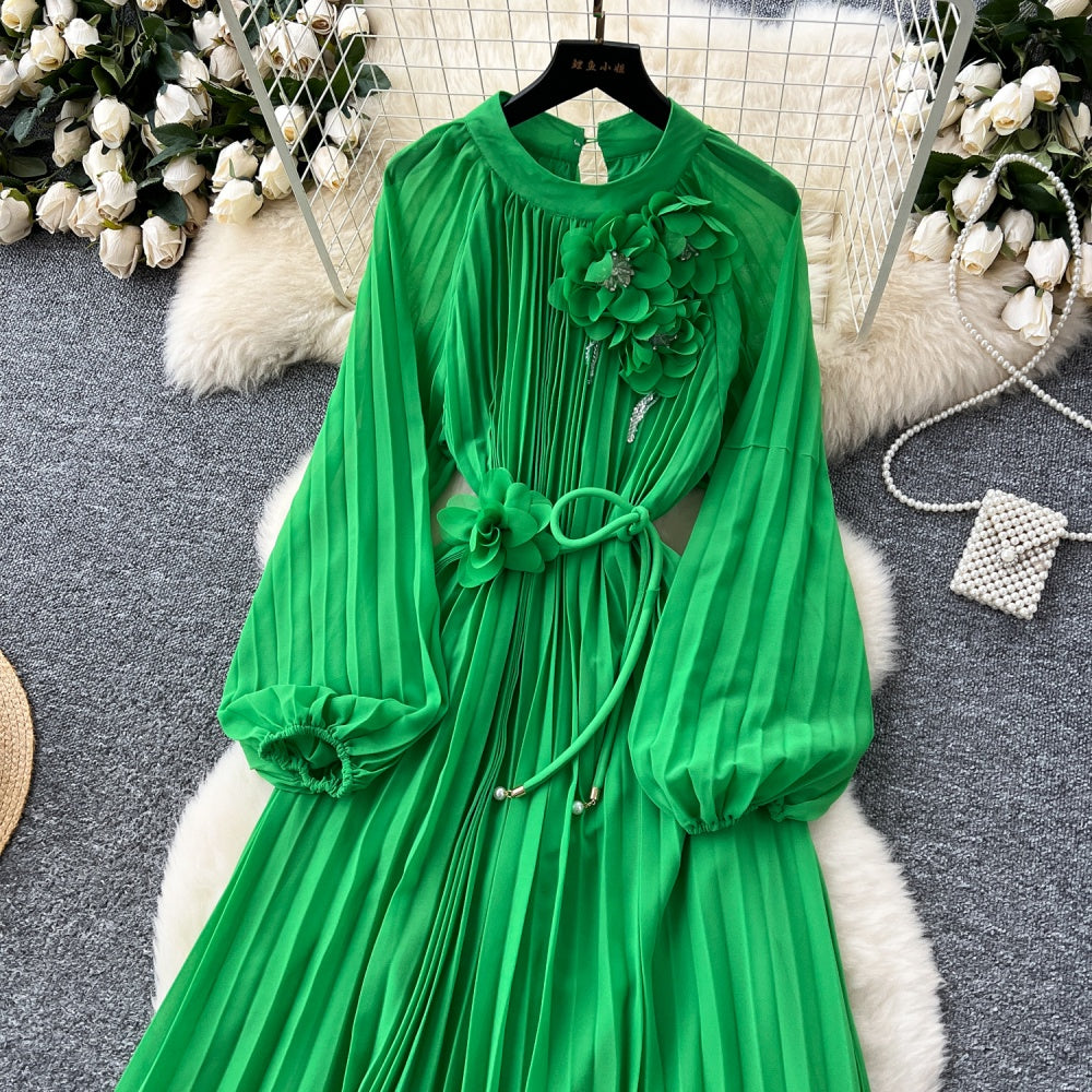 CM-DY038888 Women Elegant European Style Round Neck Long Sleeve Pleated Mid-Length Dress (Available in 6 colors)