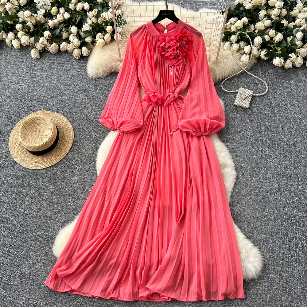 CM-DY038888 Women Elegant European Style Round Neck Long Sleeve Pleated Mid-Length Dress (Available in 6 colors)
