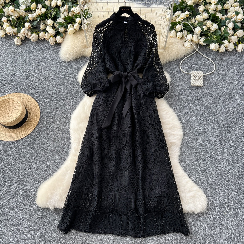CM-DY038926 Women Elegant European Style Round Neck Long Sleeve Hollow Mid-Length Dress (Available in 7 colors)
