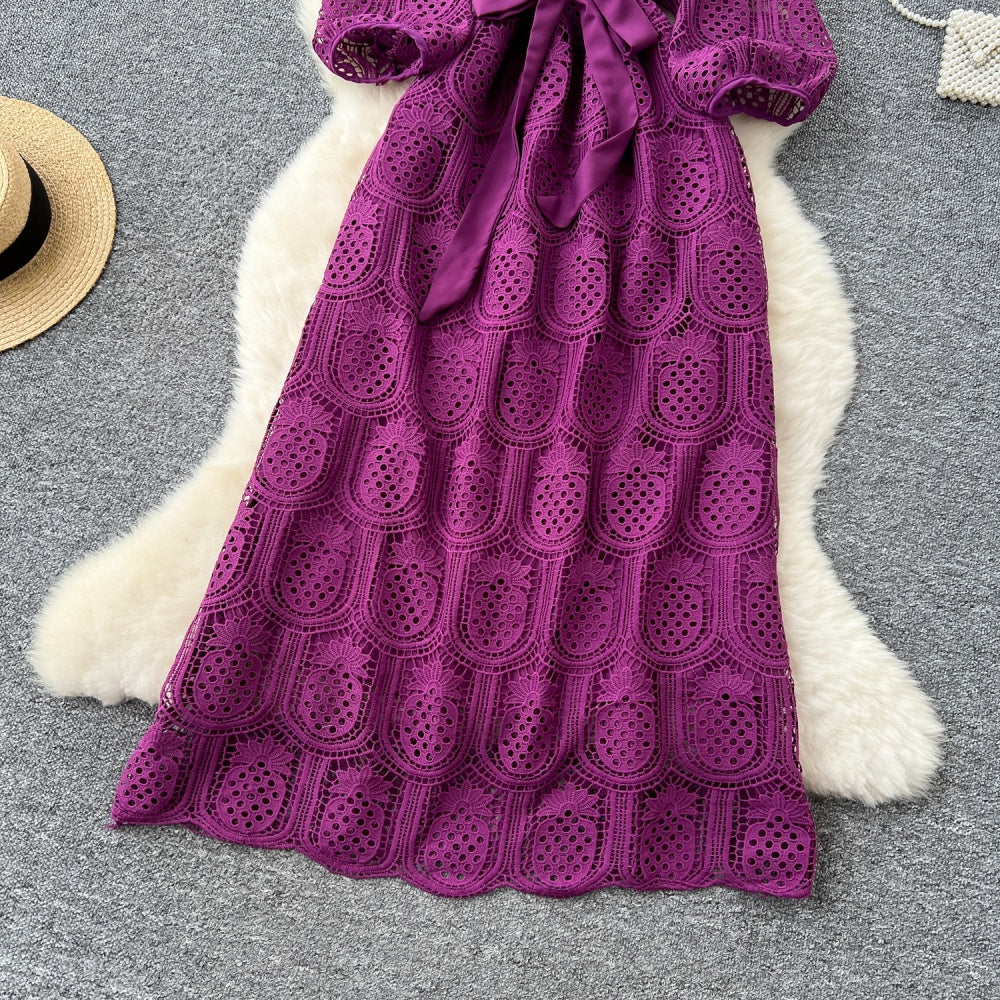 CM-DY038926 Women Elegant European Style Round Neck Long Sleeve Hollow Mid-Length Dress (Available in 7 colors)