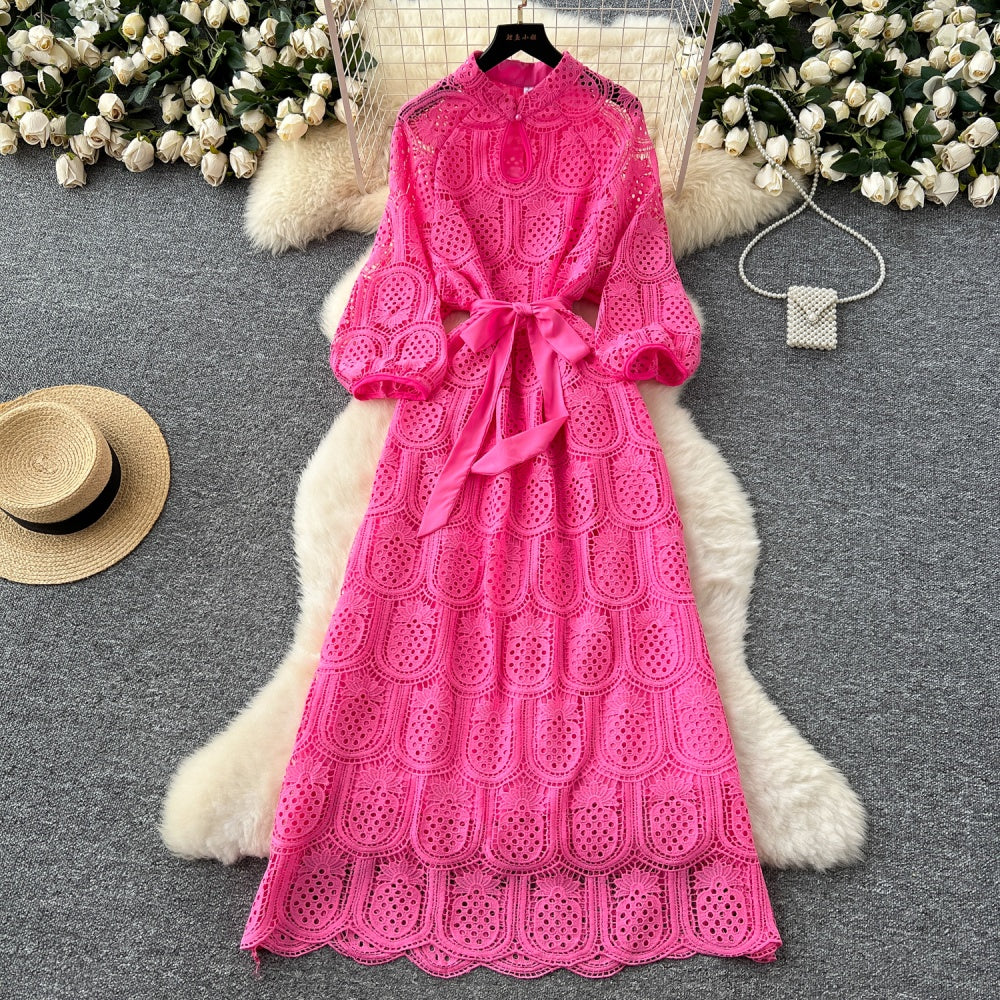 CM-DY038926 Women Elegant European Style Round Neck Long Sleeve Hollow Mid-Length Dress (Available in 7 colors)