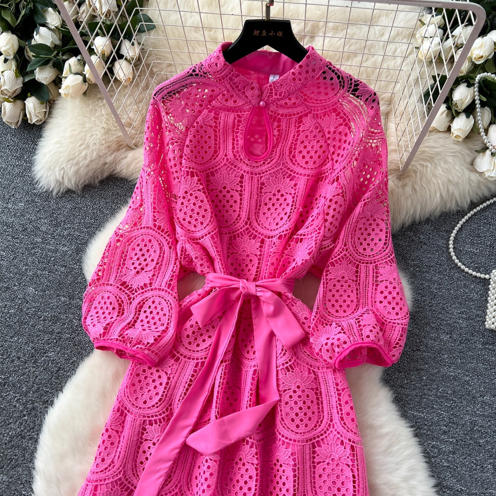 CM-DY038926 Women Elegant European Style Round Neck Long Sleeve Hollow Mid-Length Dress (Available in 7 colors)