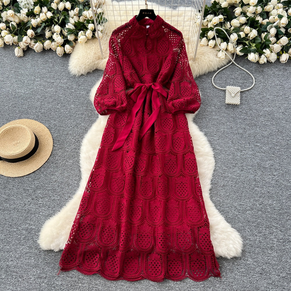 CM-DY038926 Women Elegant European Style Round Neck Long Sleeve Hollow Mid-Length Dress (Available in 7 colors)