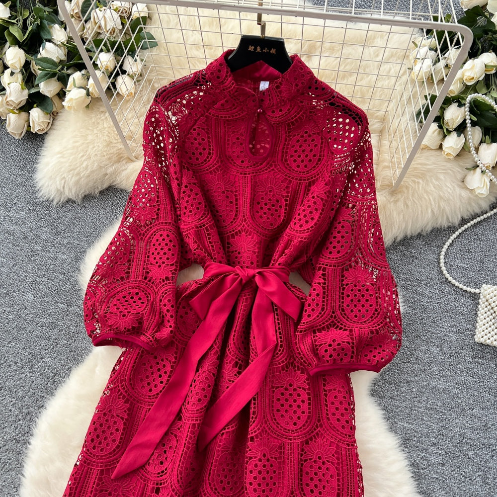 CM-DY038926 Women Elegant European Style Round Neck Long Sleeve Hollow Mid-Length Dress (Available in 7 colors)
