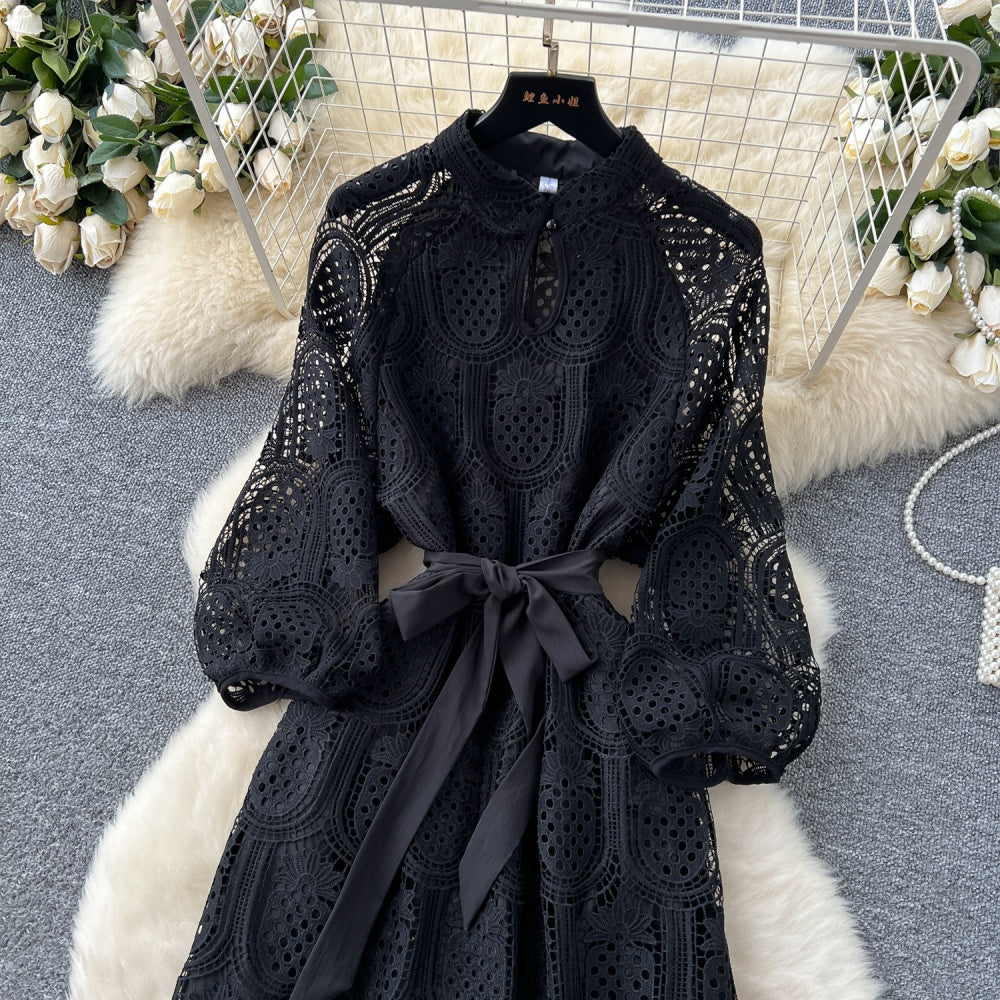 CM-DY038926 Women Elegant European Style Round Neck Long Sleeve Hollow Mid-Length Dress (Available in 7 colors)