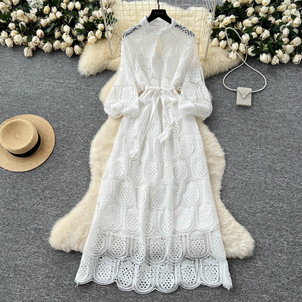 CM-DY038926 Women Elegant European Style Round Neck Long Sleeve Hollow Mid-Length Dress (Available in 7 colors)